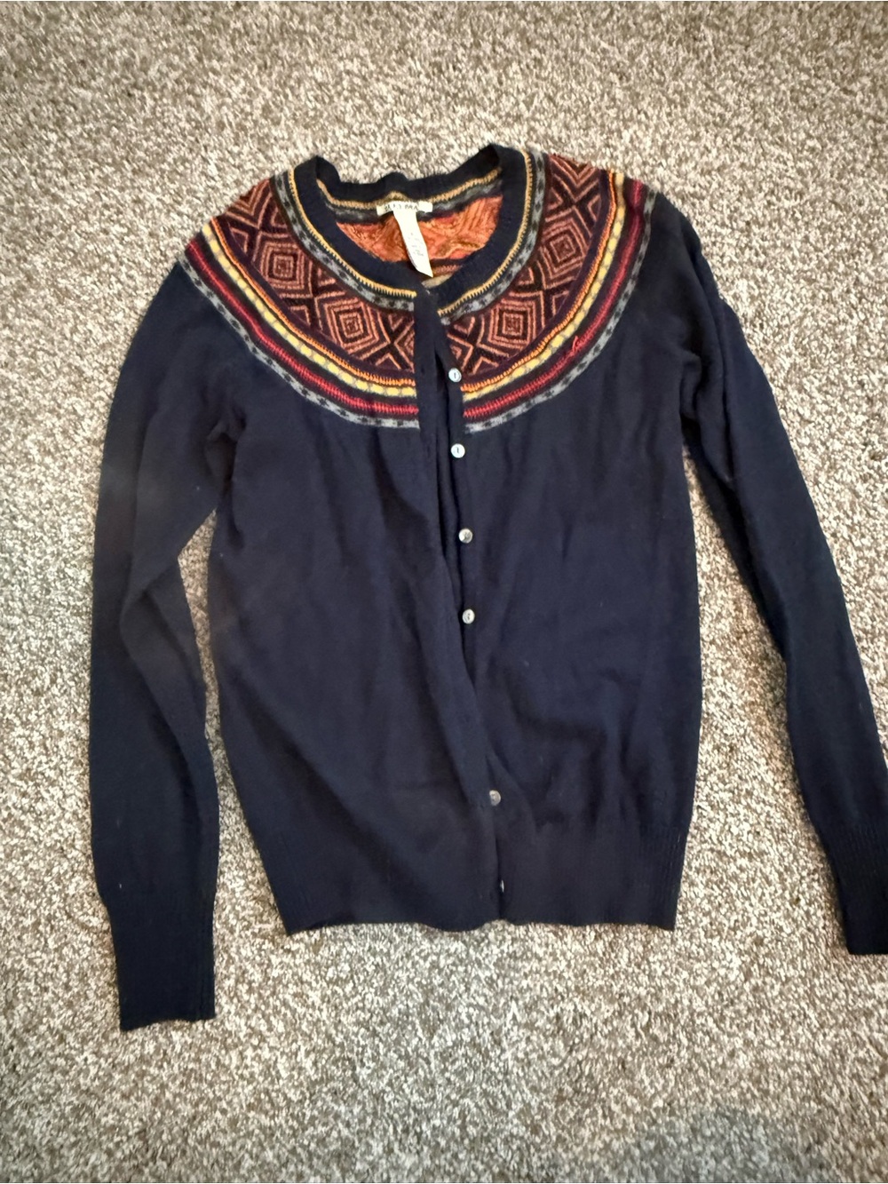 Lucky Brand Navy Cardigan with Red and Gold Patterned Yoke